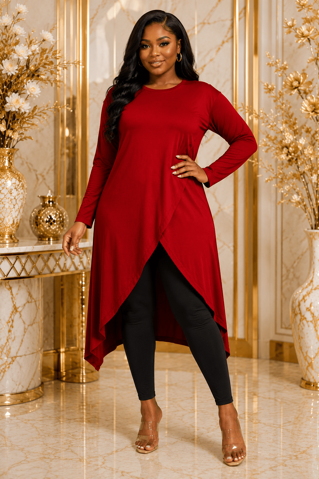 Women's Long Sleeve Asymmetrical Overlap Midi Tunic Dress – Casual Loose Fit High-Low Pullover Dress - Midi Dresses - Cherubim Aura
