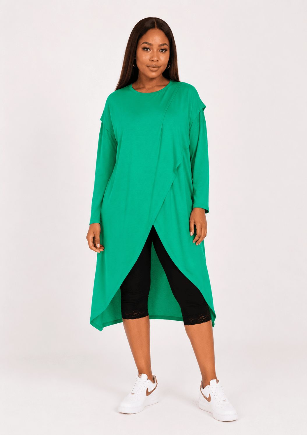 Women's Long Sleeve Asymmetrical Overlap Midi Tunic Dress – Casual Loose Fit High-Low Pullover Dress - Midi Dresses - Cherubim Aura