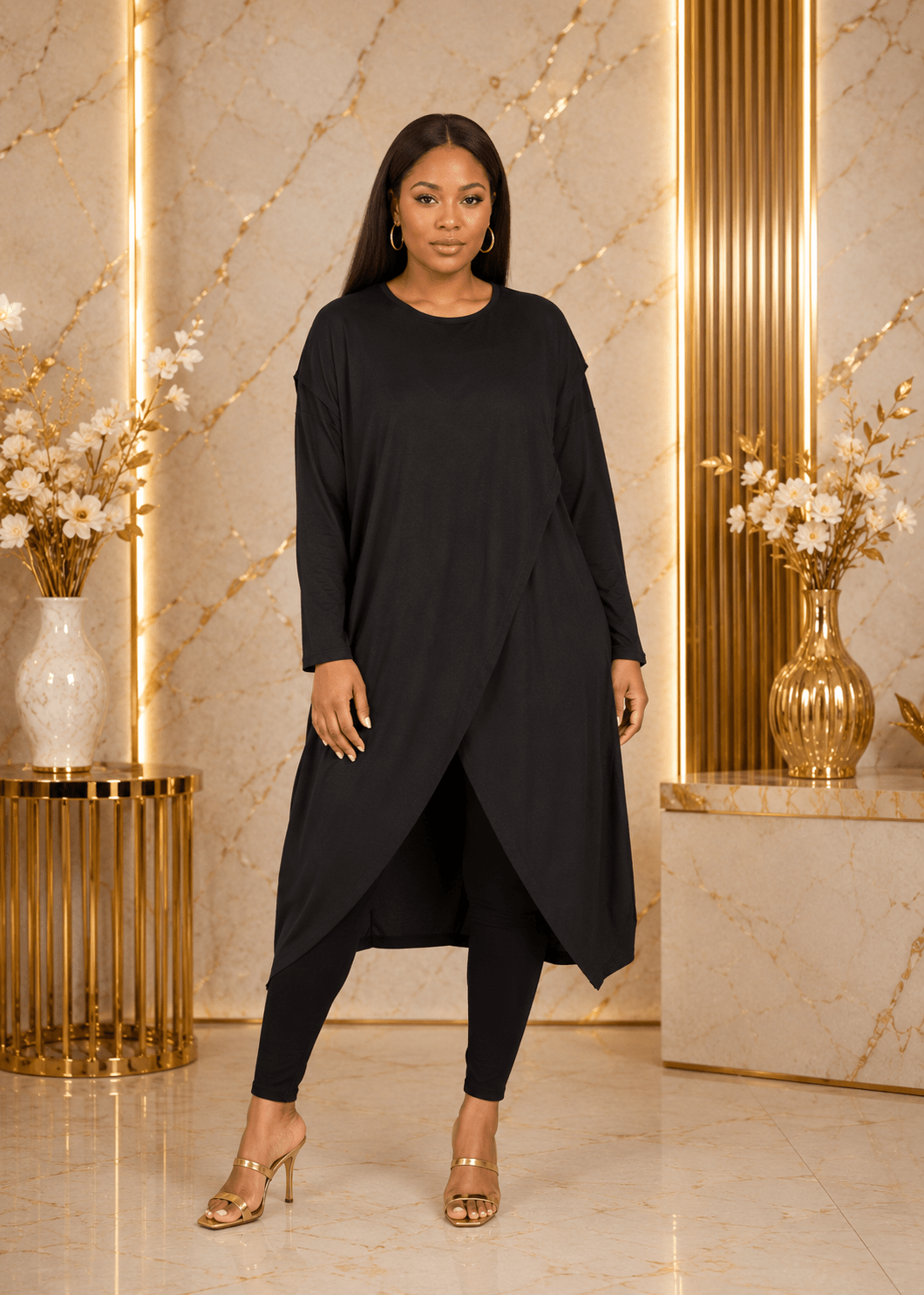 Women's Long Sleeve Asymmetrical Overlap Midi Tunic Dress – Casual Loose Fit High-Low Pullover Dress - Midi Dresses - Cherubim Aura