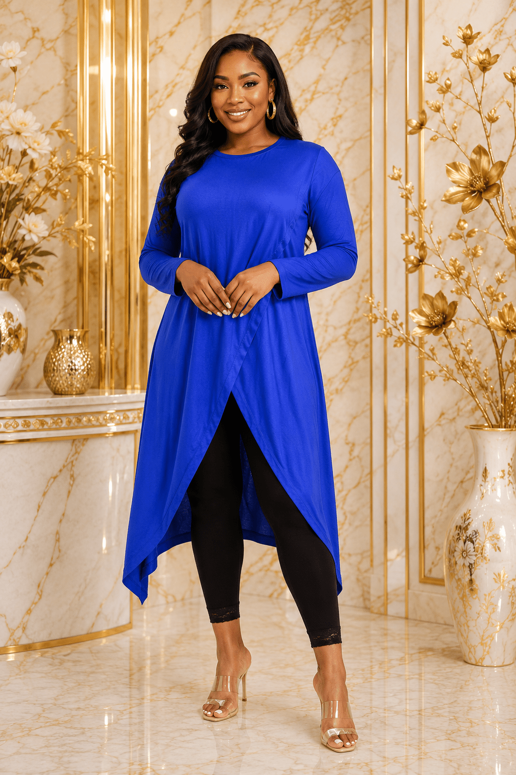 Women's Long Sleeve Asymmetrical Overlap Midi Tunic Dress – Casual Loose Fit High-Low Pullover Dress - Midi Dresses - Cherubim Aura