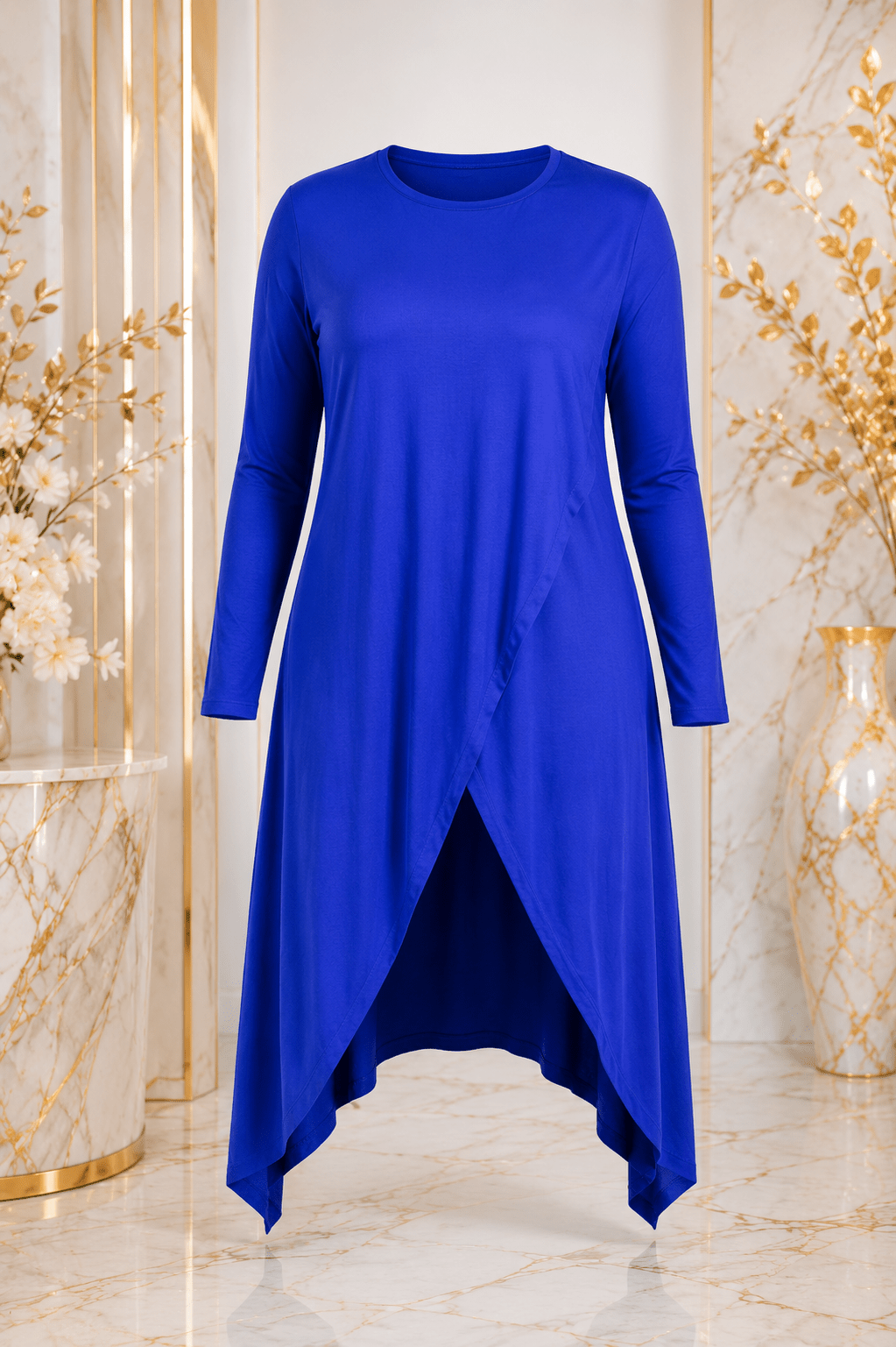 Women's Long Sleeve Asymmetrical Overlap Midi Tunic Dress – Casual Loose Fit High-Low Pullover Dress - Midi Dresses - Cherubim Aura