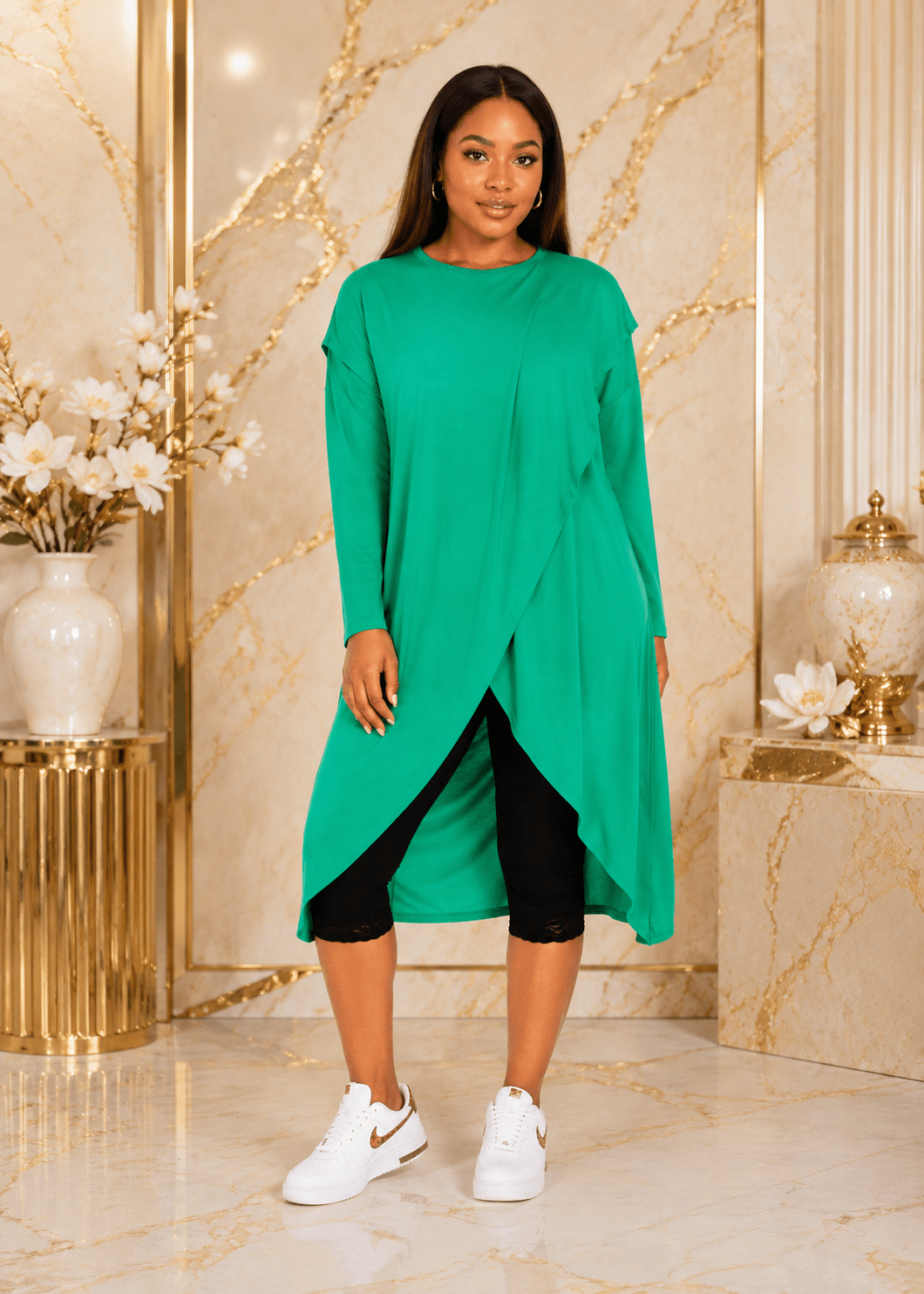 Women's Long Sleeve Asymmetrical Overlap Midi Tunic Dress – Casual Loose Fit High-Low Pullover Dress - Midi Dresses - Cherubim Aura