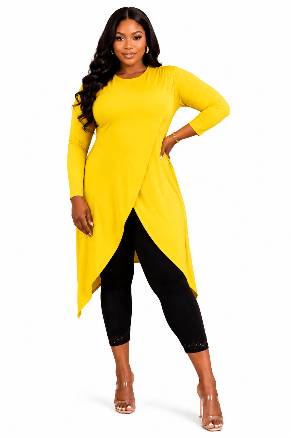 Women's Long Sleeve Asymmetrical Overlap Midi Tunic Dress – Casual Loose Fit High-Low Pullover Dress - Midi Dresses - Cherubim Aura