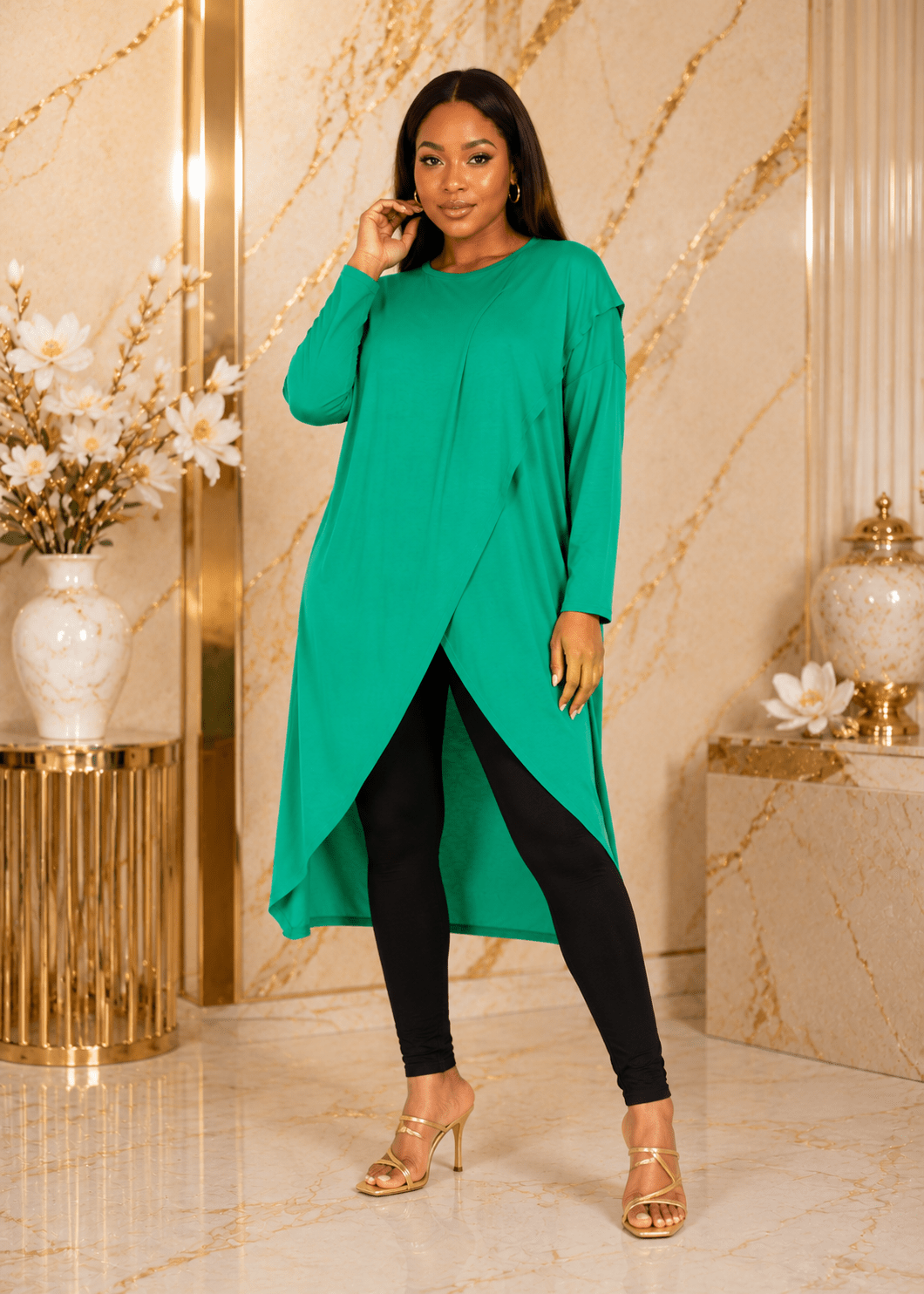 Women's Long Sleeve Asymmetrical Overlap Midi Tunic Dress – Casual Loose Fit High-Low Pullover Dress - Midi Dresses - Cherubim Aura