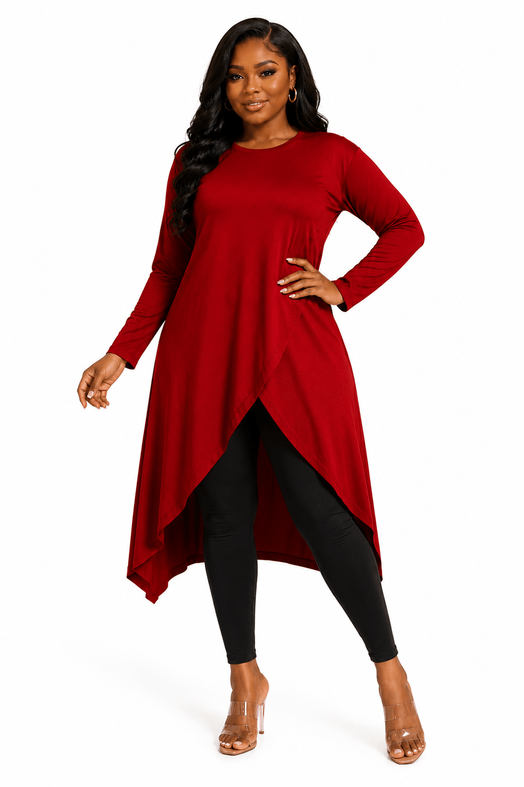 Women's Long Sleeve Asymmetrical Overlap Midi Tunic Dress – Casual Loose Fit High-Low Pullover Dress - Midi Dresses - Cherubim Aura