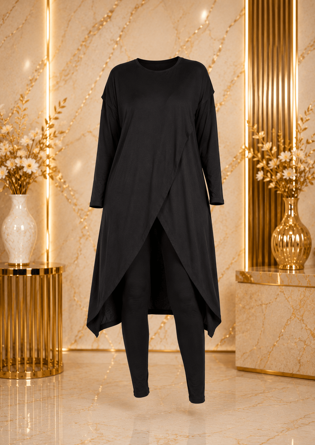 Women's Long Sleeve Asymmetrical Overlap Midi Tunic Dress – Casual Loose Fit High-Low Pullover Dress - Midi Dresses - Cherubim Aura
