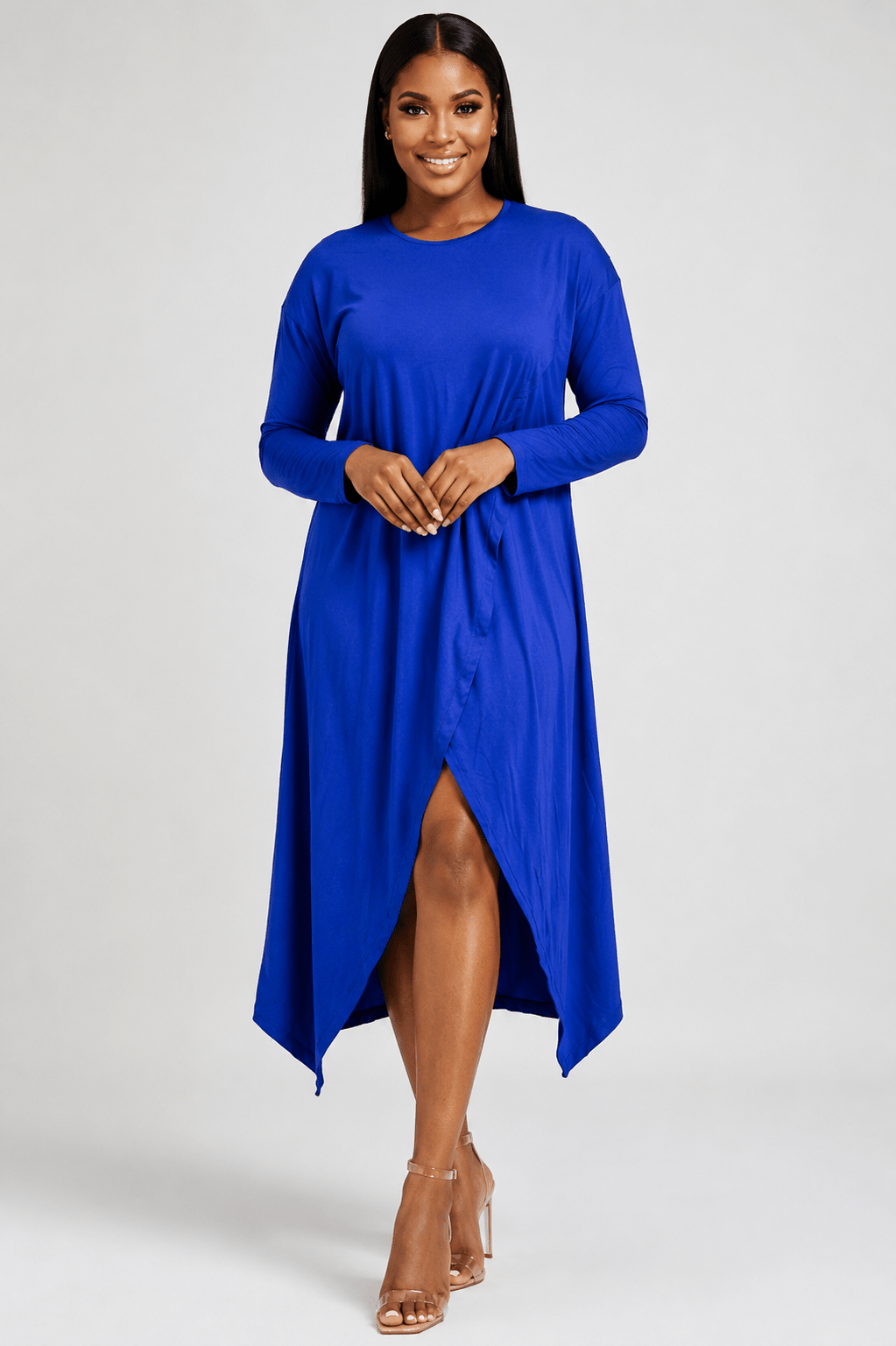 Women's Long Sleeve Asymmetrical Overlap Midi Tunic Dress – Casual Loose Fit High-Low Pullover Dress - Midi Dresses - Cherubim Aura