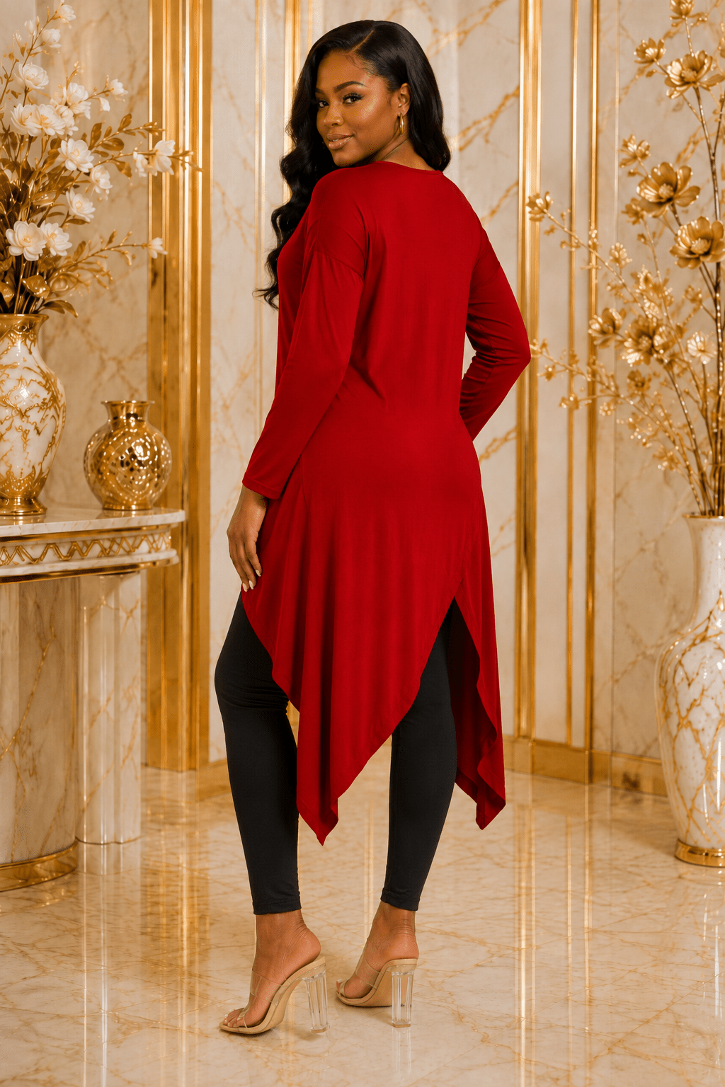 Women's Long Sleeve Asymmetrical Overlap Midi Tunic Dress – Casual Loose Fit High-Low Pullover Dress - Midi Dresses - Cherubim Aura