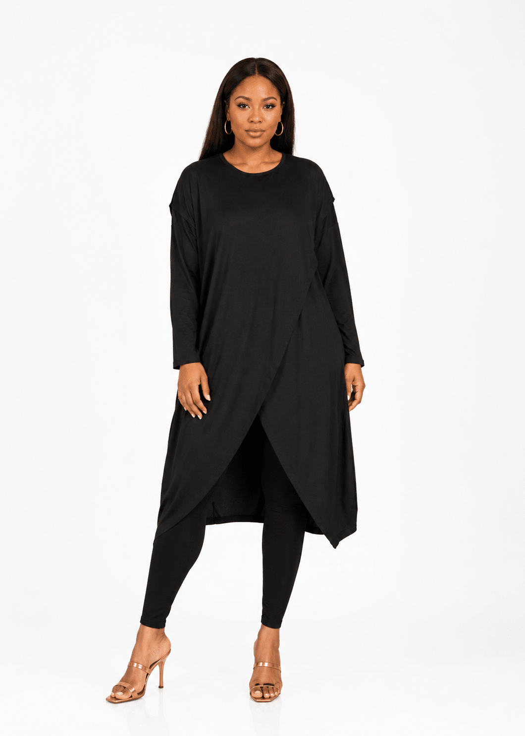 Women's Long Sleeve Asymmetrical Overlap Midi Tunic Dress – Casual Loose Fit High-Low Pullover Dress - Midi Dresses - Cherubim Aura