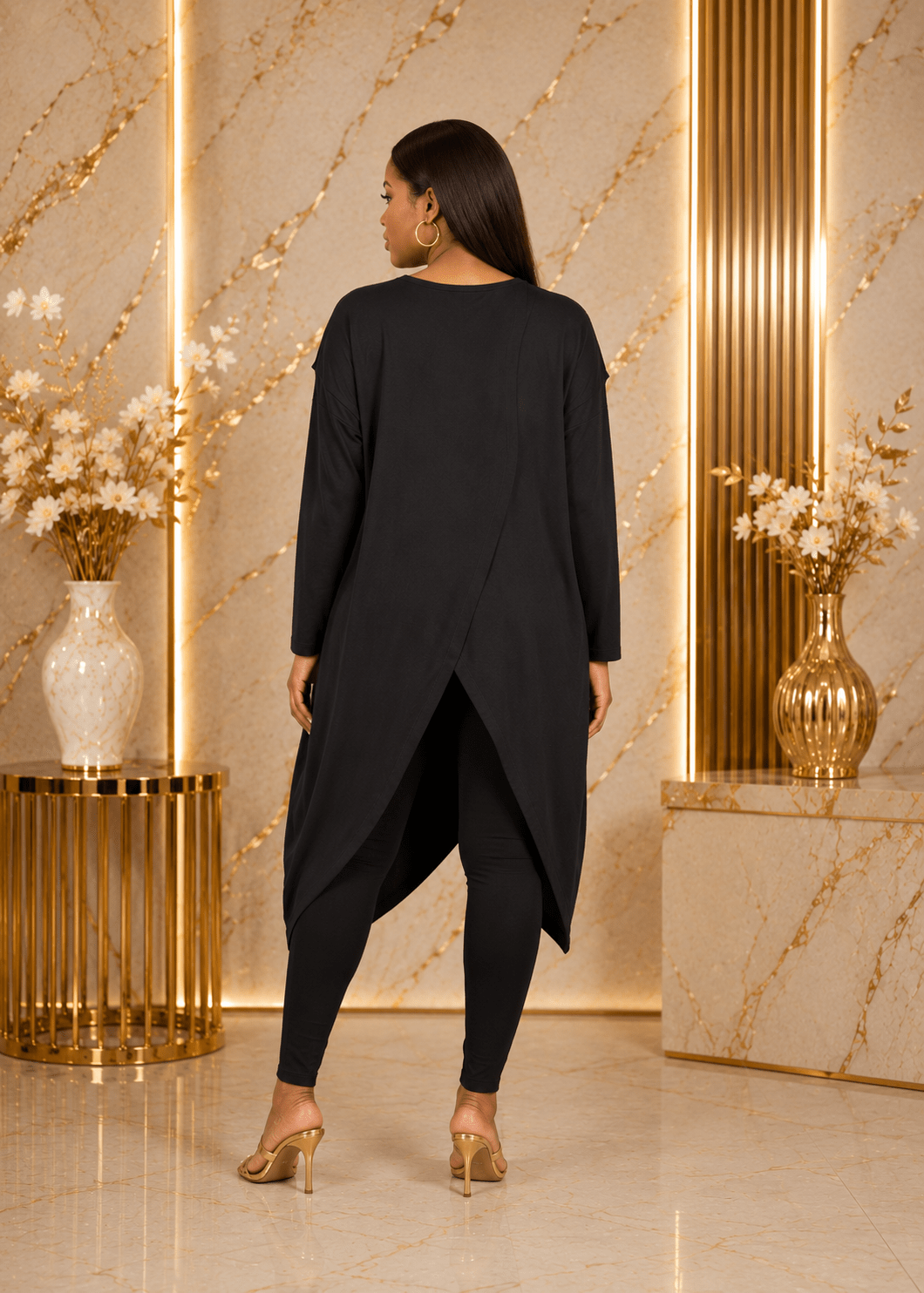 Women's Long Sleeve Asymmetrical Overlap Midi Tunic Dress – Casual Loose Fit High-Low Pullover Dress - Midi Dresses - Cherubim Aura
