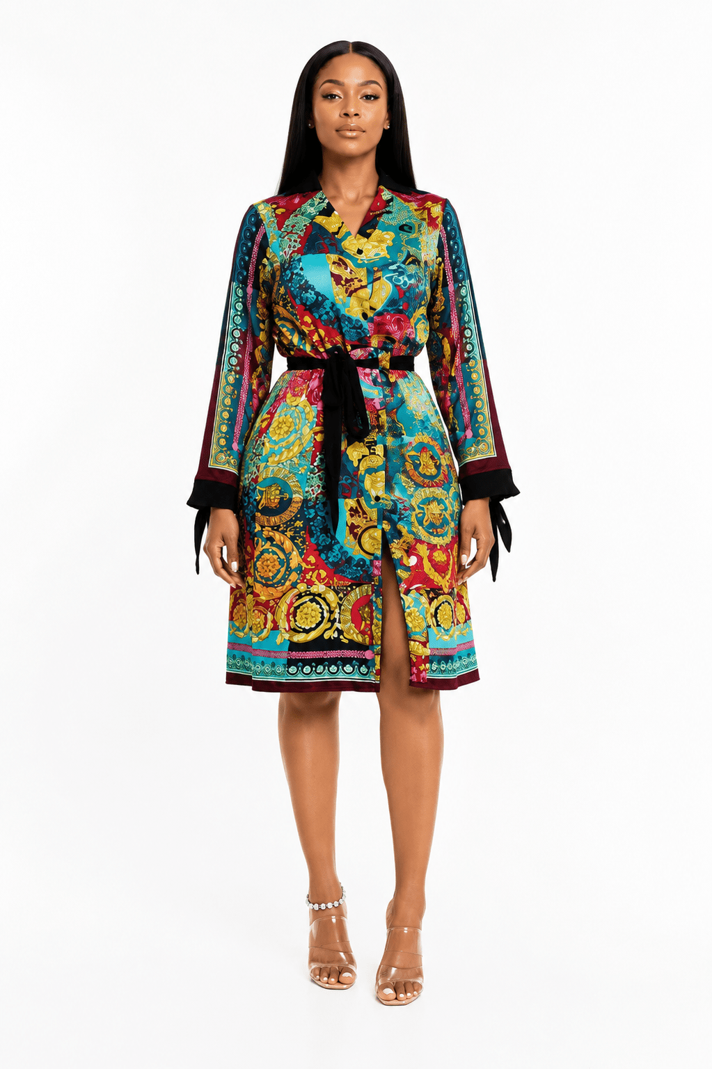 Women's Luxury Baroque Print Belted Shirt Dress – Long Sleeve Multicolor Casual Midi Dress - Midi Dresses - Cherubim Aura
