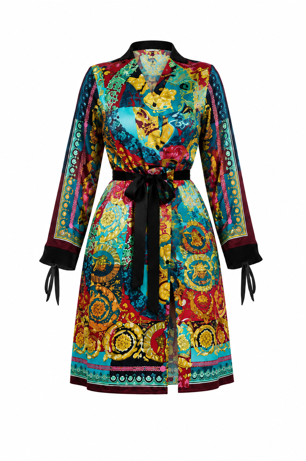 Women's Luxury Baroque Print Belted Shirt Dress – Long Sleeve Multicolor Casual Midi Dress - Midi Dresses - Cherubim Aura