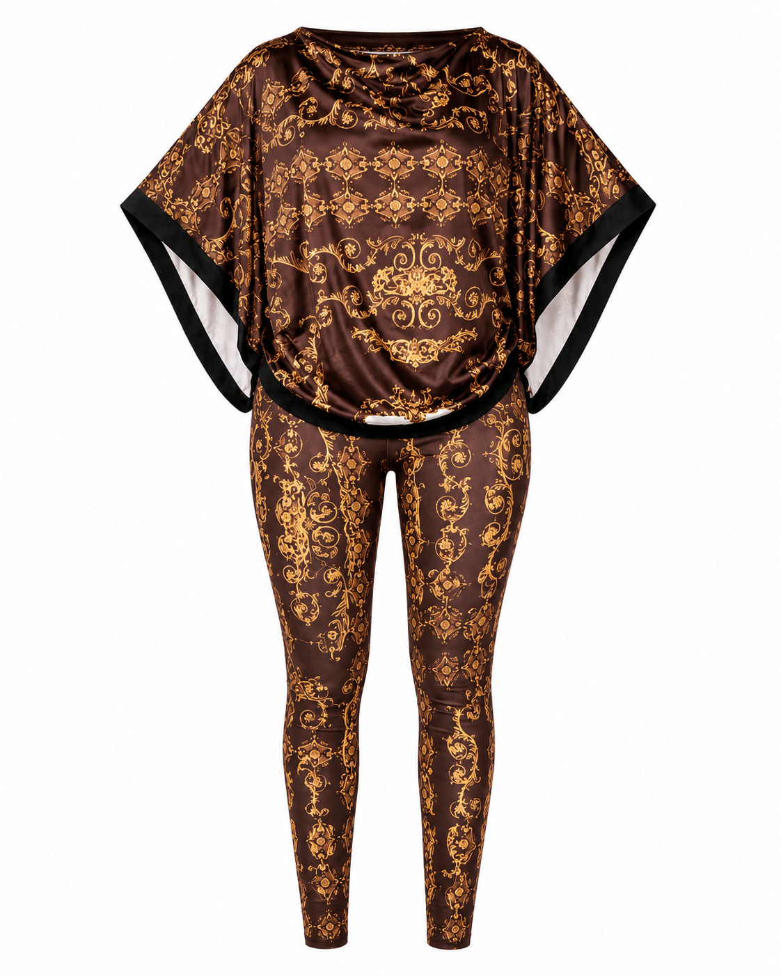 Women's Luxury Baroque Print Poncho Top & Leggings Two-Piece Set – Batwing Sleeve Co-Ord Outfit (Navy/Gold & Brown/Gold) - Matching Set - Cherubim Aura