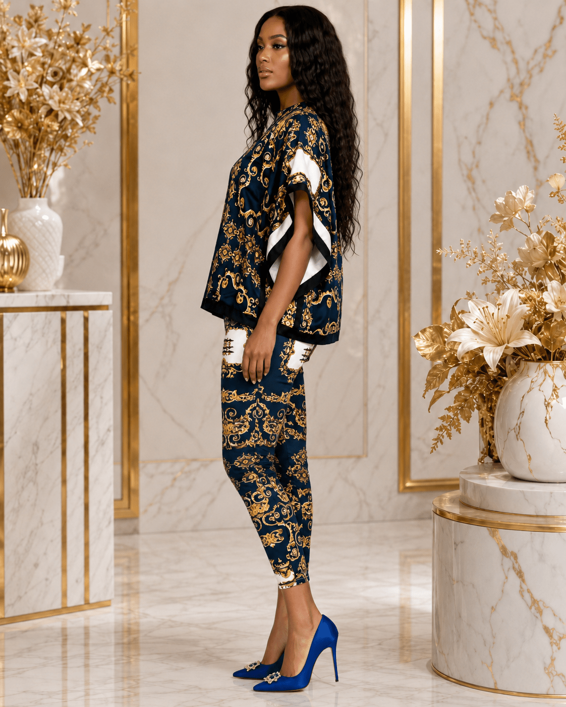 Women's Luxury Baroque Print Poncho Top & Leggings Two-Piece Set – Batwing Sleeve Co-Ord Outfit (Navy/Gold & Brown/Gold) - Matching Set - Cherubim Aura