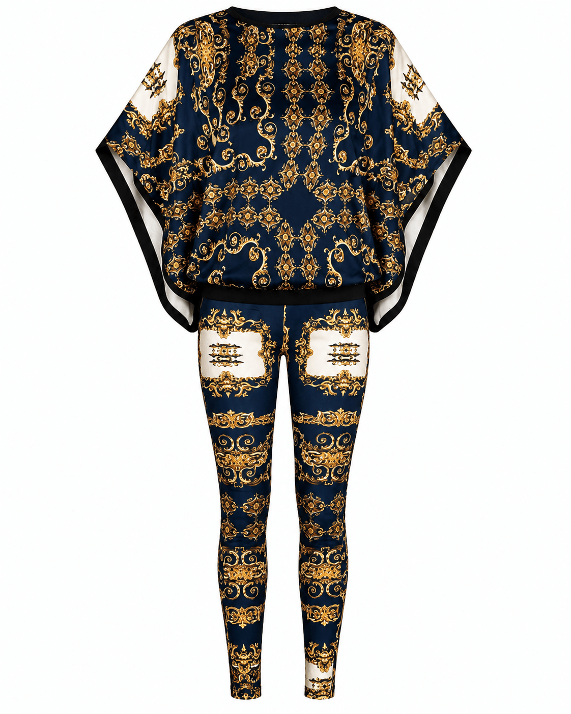 Women's Luxury Baroque Print Poncho Top & Leggings Two-Piece Set – Batwing Sleeve Co-Ord Outfit (Navy/Gold & Brown/Gold) - Matching Set - Cherubim Aura