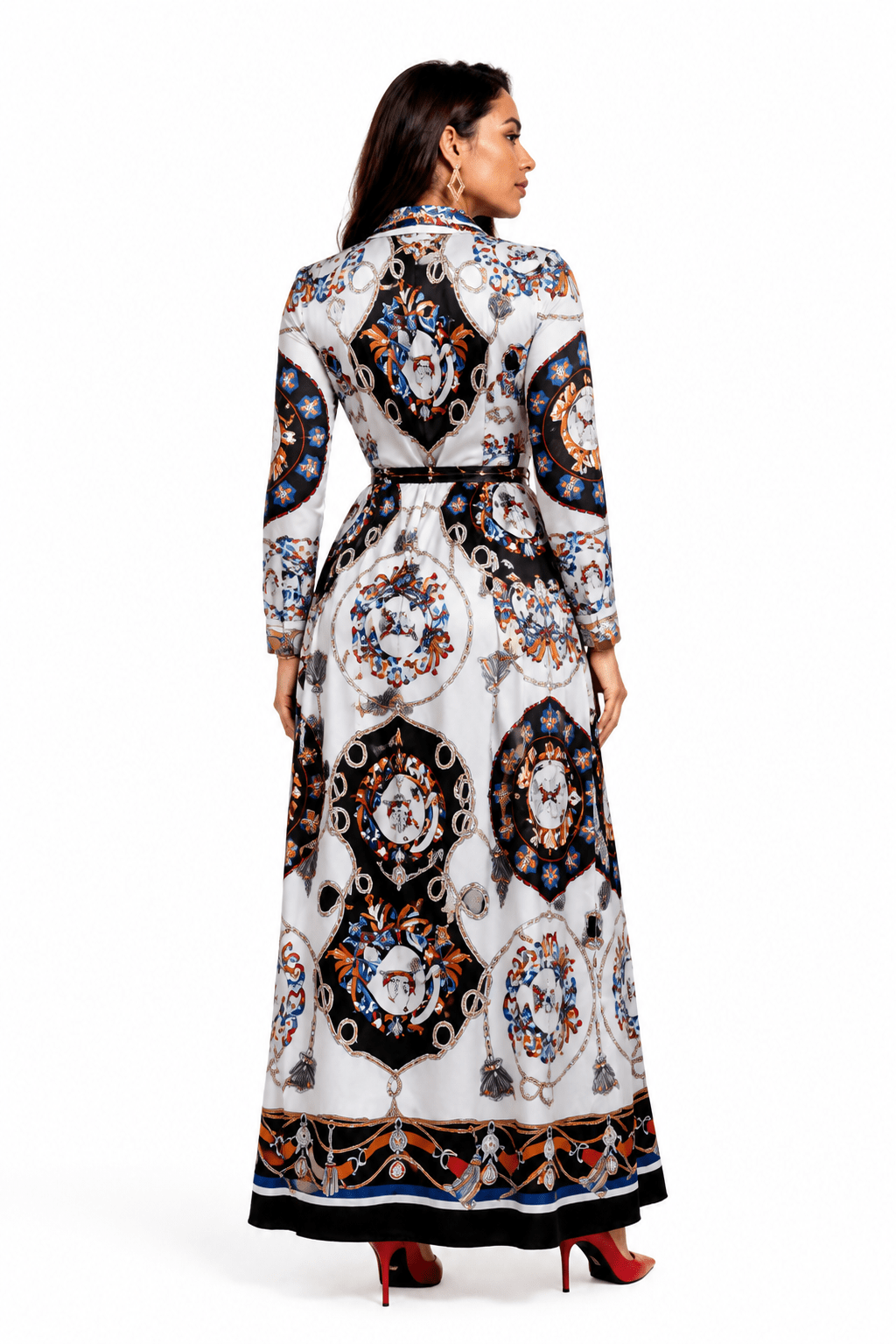 Women's Luxury Baroque Scarf Print Wrap Maxi Dress – Long Sleeve V-Neck Belted Elegant Occasion Dress - Maxi Dress - Cherubim Aura