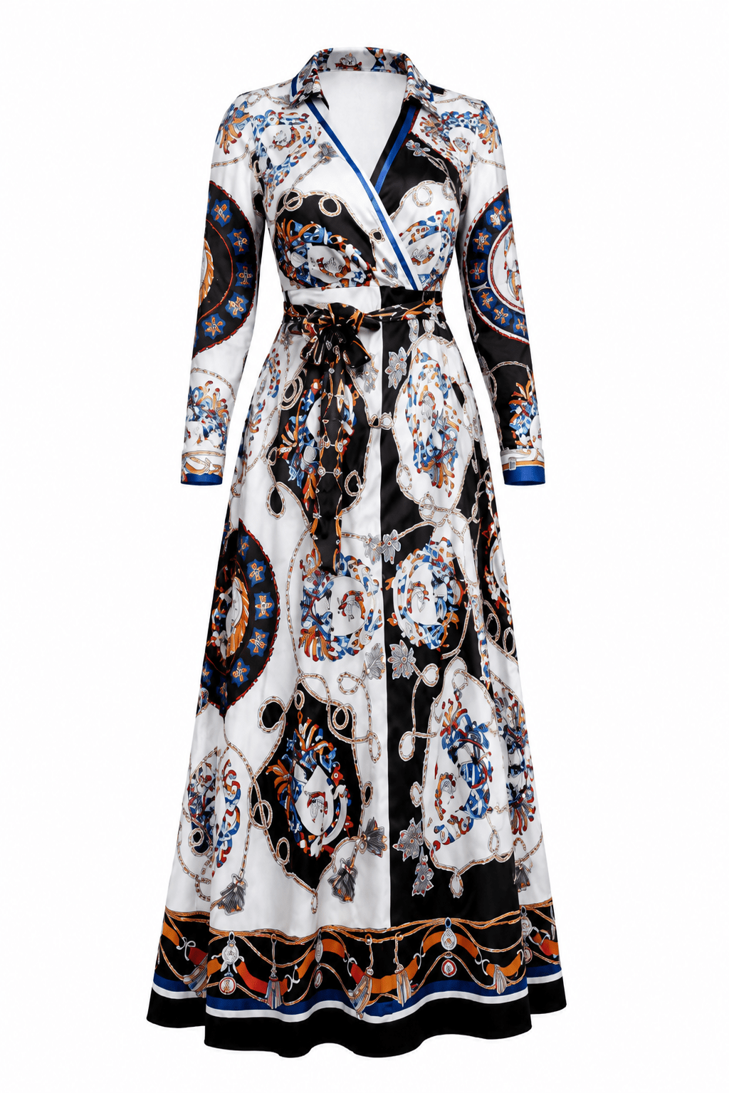 Women's Luxury Baroque Scarf Print Wrap Maxi Dress – Long Sleeve V-Neck Belted Elegant Occasion Dress - Maxi Dress - Cherubim Aura