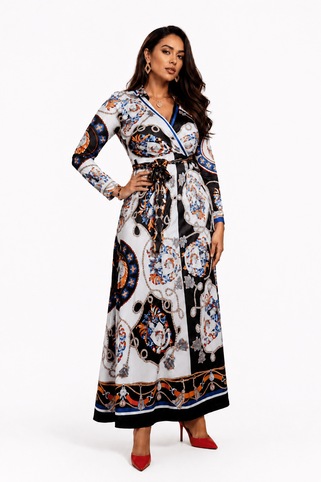 Women's Luxury Baroque Scarf Print Wrap Maxi Dress – Long Sleeve V-Neck Belted Elegant Occasion Dress - Maxi Dress - Cherubim Aura