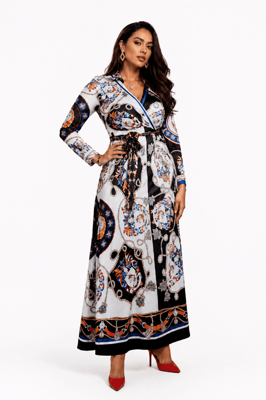 Women's Luxury Baroque Scarf Print Wrap Maxi Dress – Long Sleeve V-Neck Belted Elegant Occasion Dress - Maxi Dress - Cherubim Aura