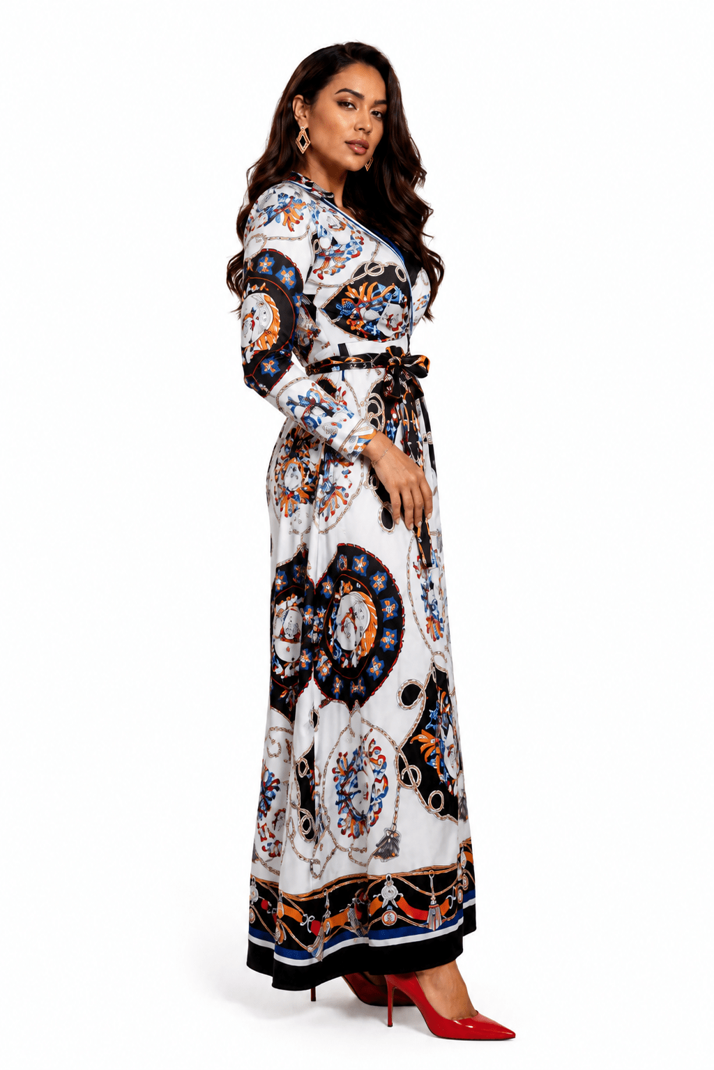 Women's Luxury Baroque Scarf Print Wrap Maxi Dress – Long Sleeve V-Neck Belted Elegant Occasion Dress - Maxi Dress - Cherubim Aura