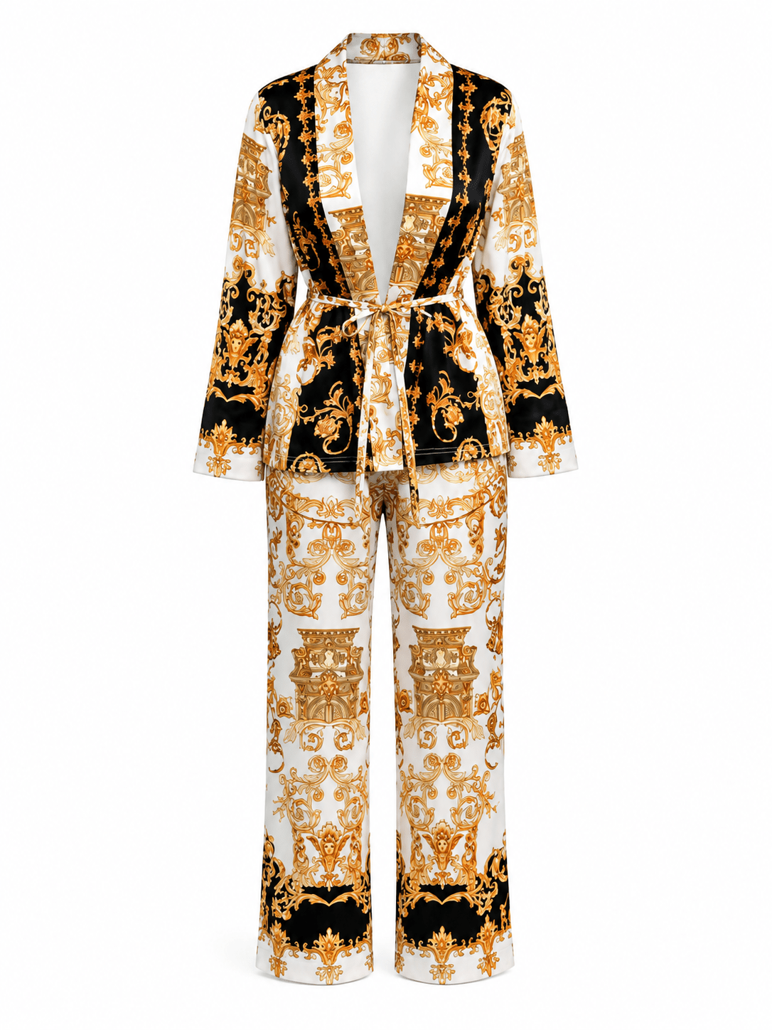 Women's Luxury Black, Gold & White Baroque Print Two-Piece Pants Set | Belted Blazer & Wide Leg Trousers Co-Ord - Matching Set - Cherubim Aura