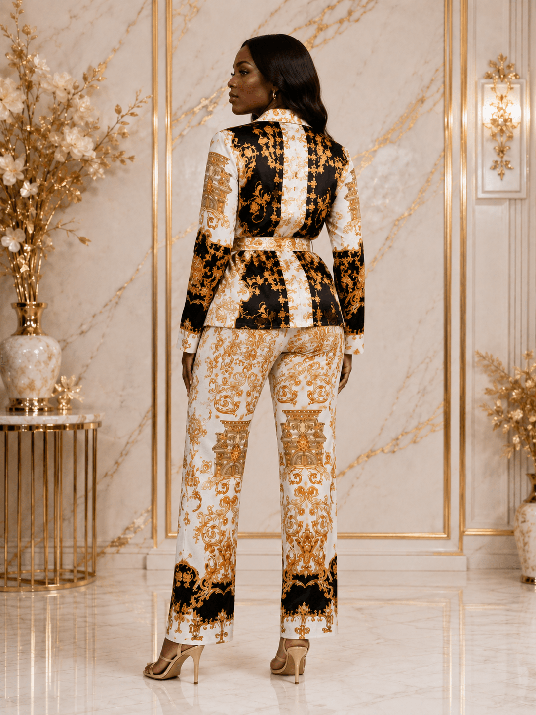 Women's Luxury Black, Gold & White Baroque Print Two-Piece Pants Set | Belted Blazer & Wide Leg Trousers Co-Ord - Matching Set - Cherubim Aura