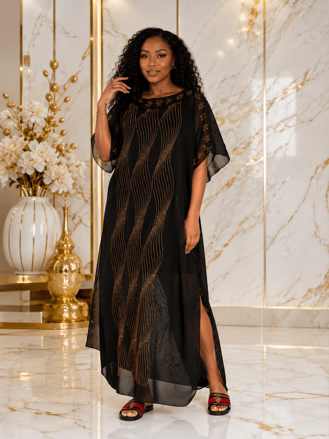 Women's Luxury Rhinestone Embellished Kaftan Maxi Dress | Elegant Chiffon Occasion Dress | One Size Fits UK 10–20 - Maxi Dress - Cherubim Aura