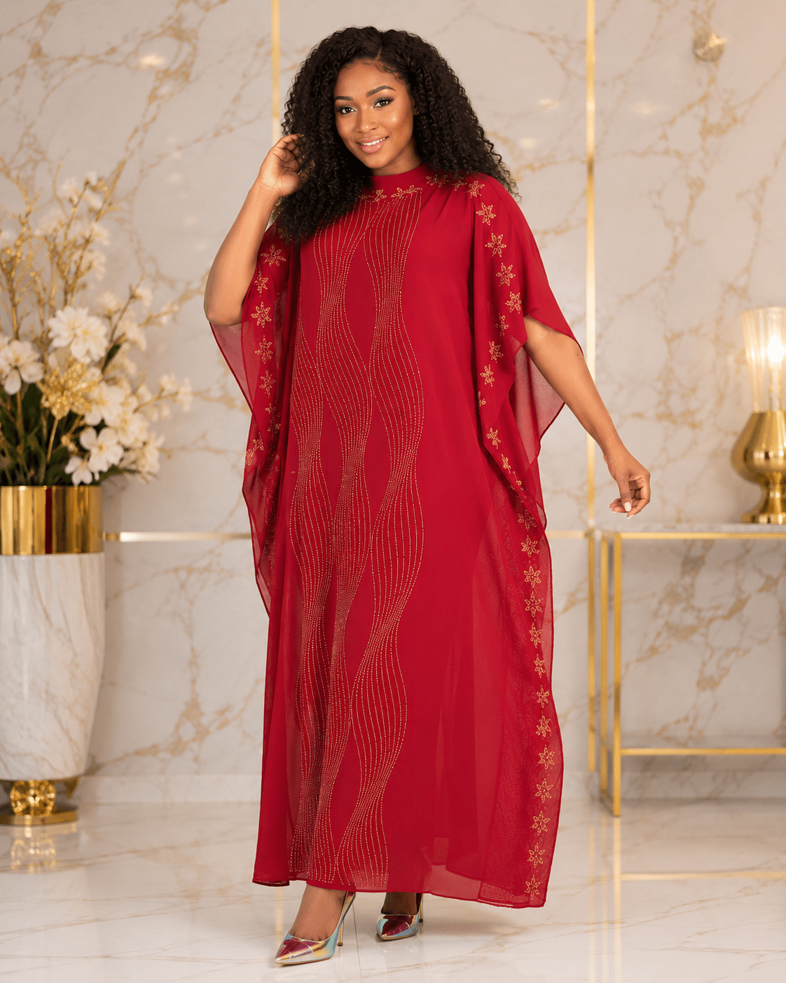 Women's Luxury Rhinestone Embellished Kaftan Maxi Dress | Elegant Chiffon Occasion Dress | One Size Fits UK 10–20 - Maxi Dress - Cherubim Aura