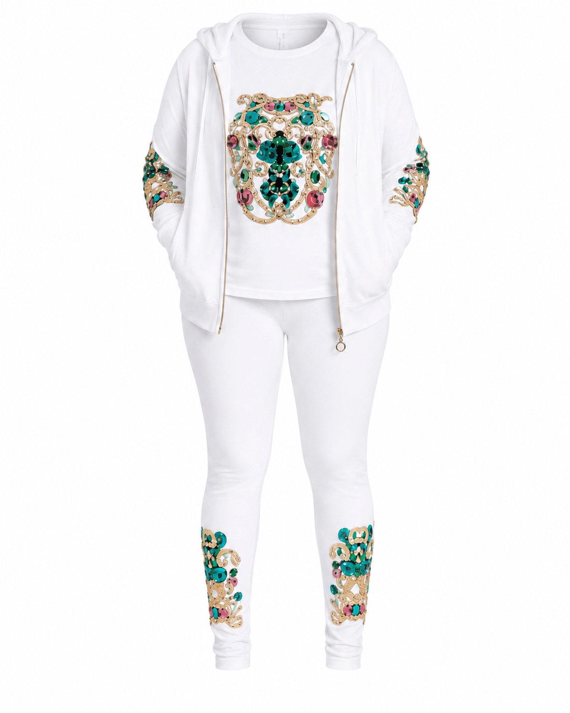 Women's Luxury Three-Piece Hooded Tracksuit Set – Zip Hoodie, T-Shirt & Jogger Co-Ord Set (White, Royal Blue & Black) - Matching Set - Cherubim Aura