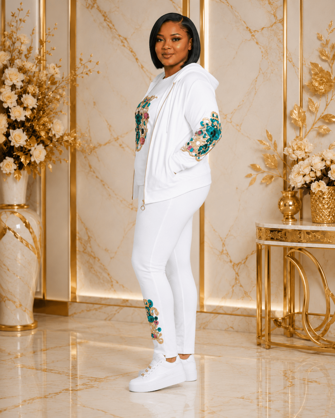 Women's Luxury Three-Piece Hooded Tracksuit Set – Zip Hoodie, T-Shirt & Jogger Co-Ord Set (White, Royal Blue & Black) - Matching Set - Cherubim Aura