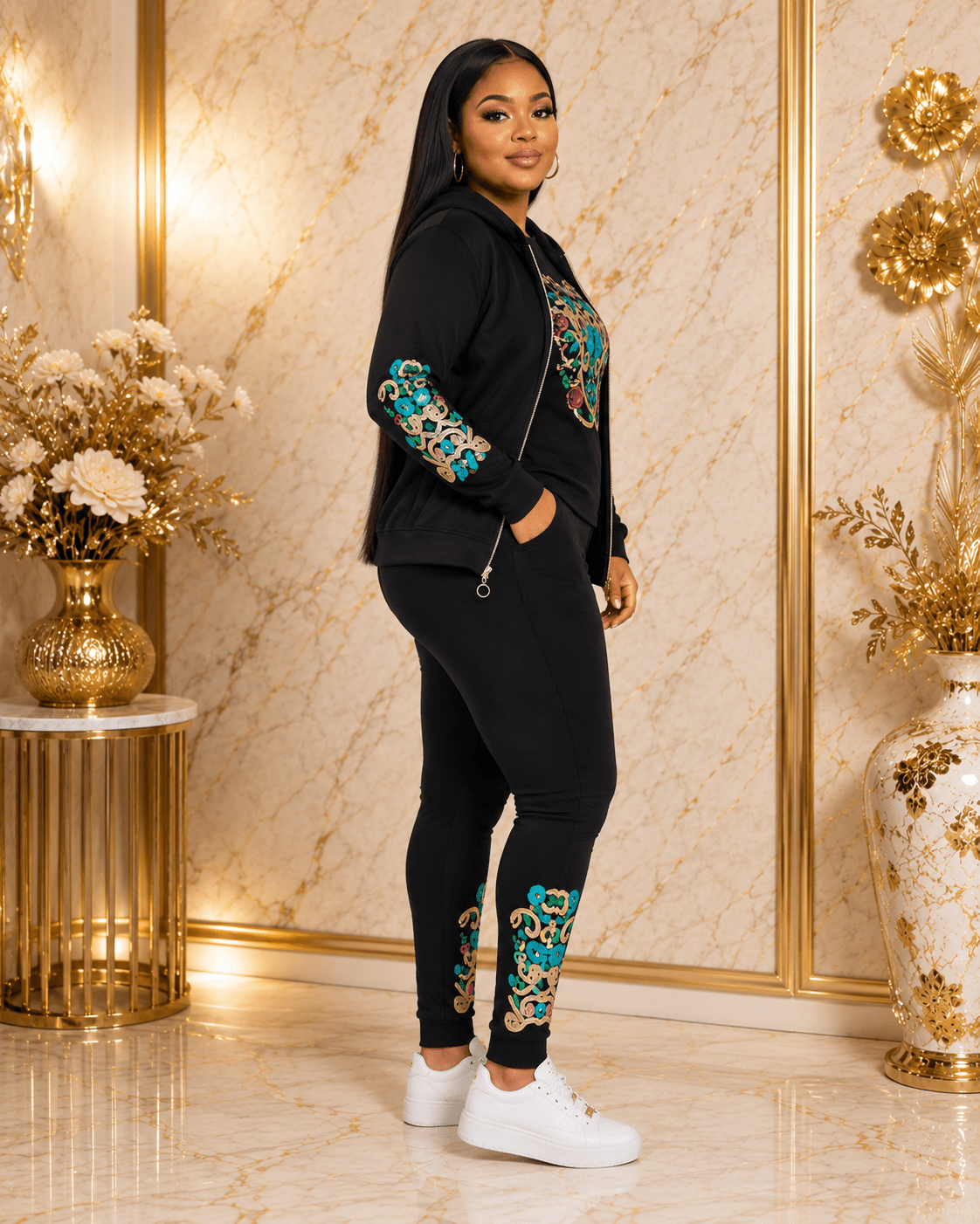 Women's Luxury Three-Piece Hooded Tracksuit Set – Zip Hoodie, T-Shirt & Jogger Co-Ord Set (White, Royal Blue & Black) - Matching Set - Cherubim Aura