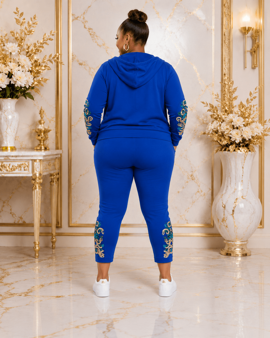 Women's Luxury Three-Piece Hooded Tracksuit Set – Zip Hoodie, T-Shirt & Jogger Co-Ord Set (White, Royal Blue & Black) - Matching Set - Cherubim Aura