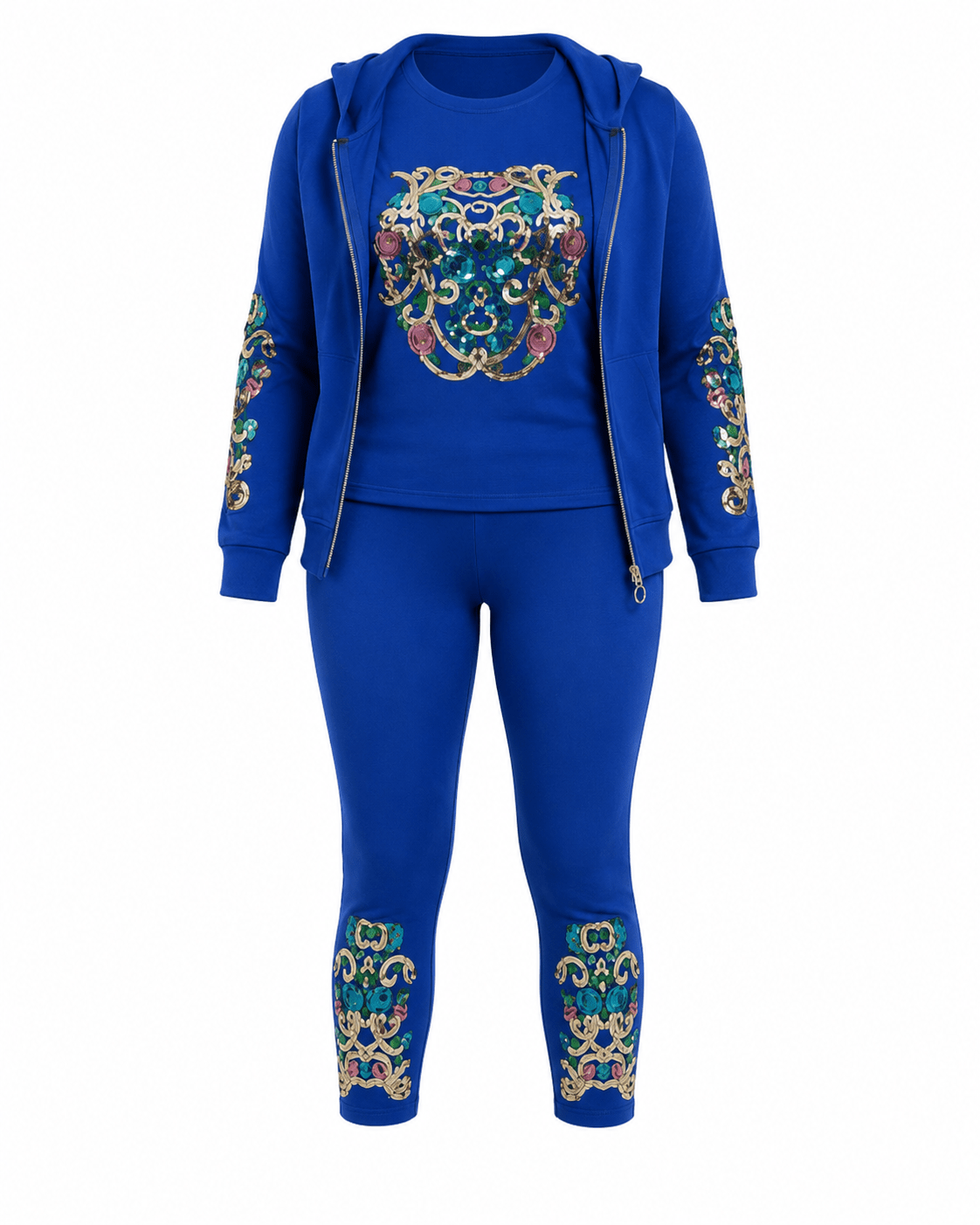 Women's Luxury Three-Piece Hooded Tracksuit Set – Zip Hoodie, T-Shirt & Jogger Co-Ord Set (White, Royal Blue & Black) - Matching Set - Cherubim Aura