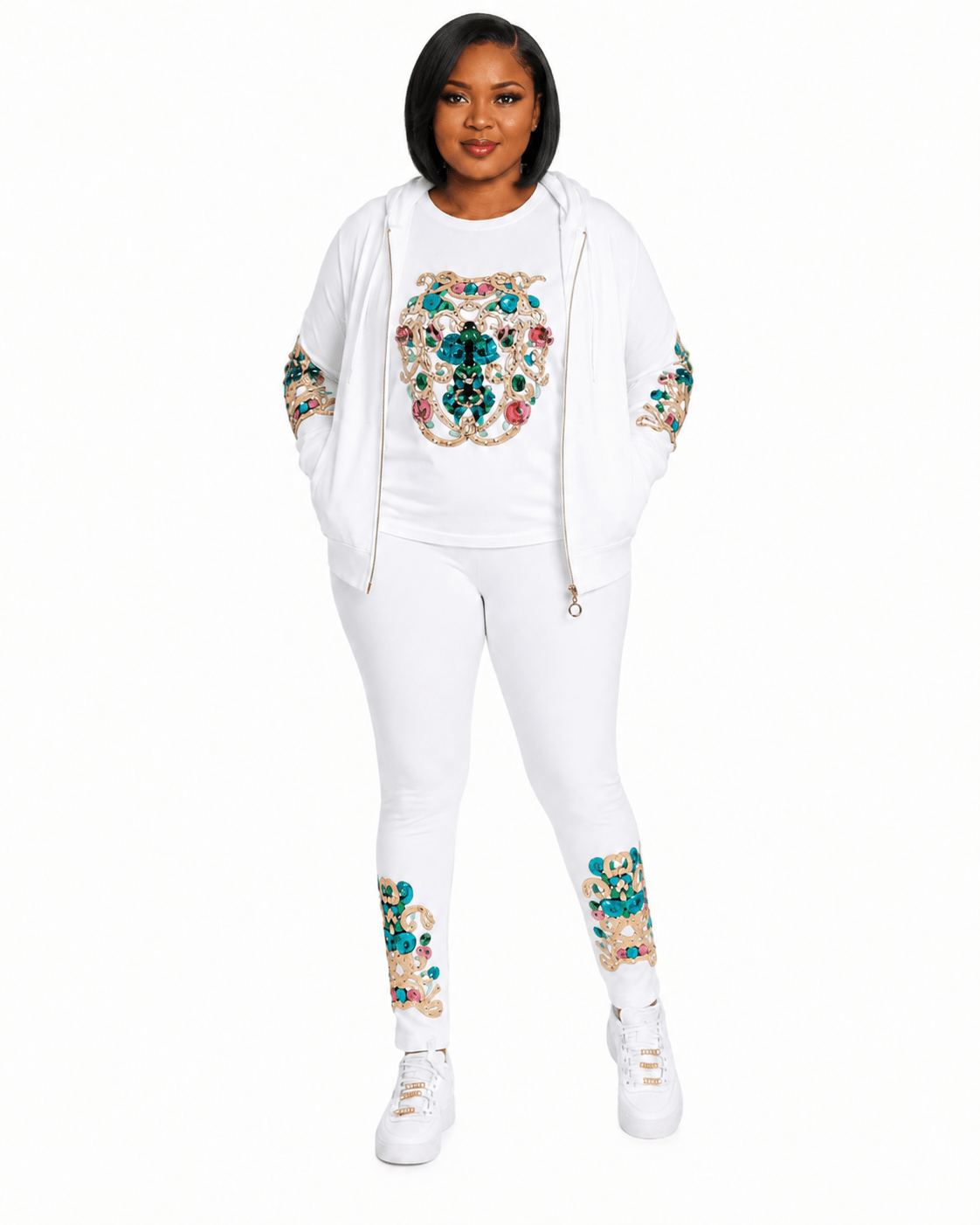 Women's Luxury Three-Piece Hooded Tracksuit Set – Zip Hoodie, T-Shirt & Jogger Co-Ord Set (White, Royal Blue & Black) - Matching Set - Cherubim Aura