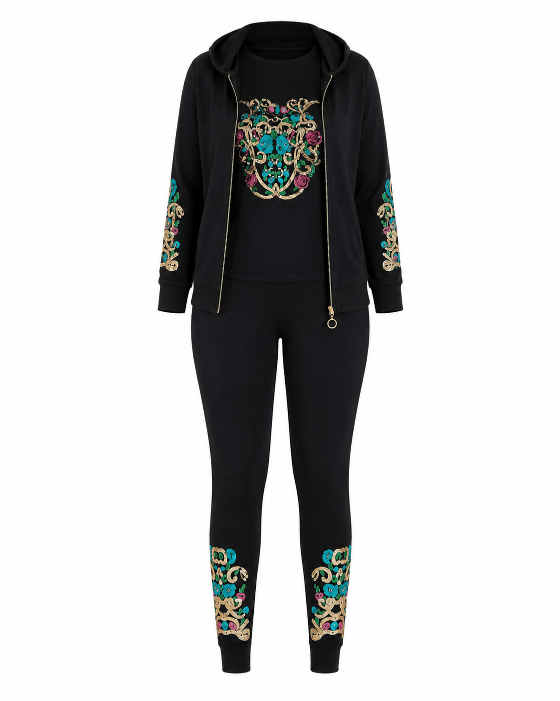 Women's Luxury Three-Piece Hooded Tracksuit Set – Zip Hoodie, T-Shirt & Jogger Co-Ord Set (White, Royal Blue & Black) - Matching Set - Cherubim Aura