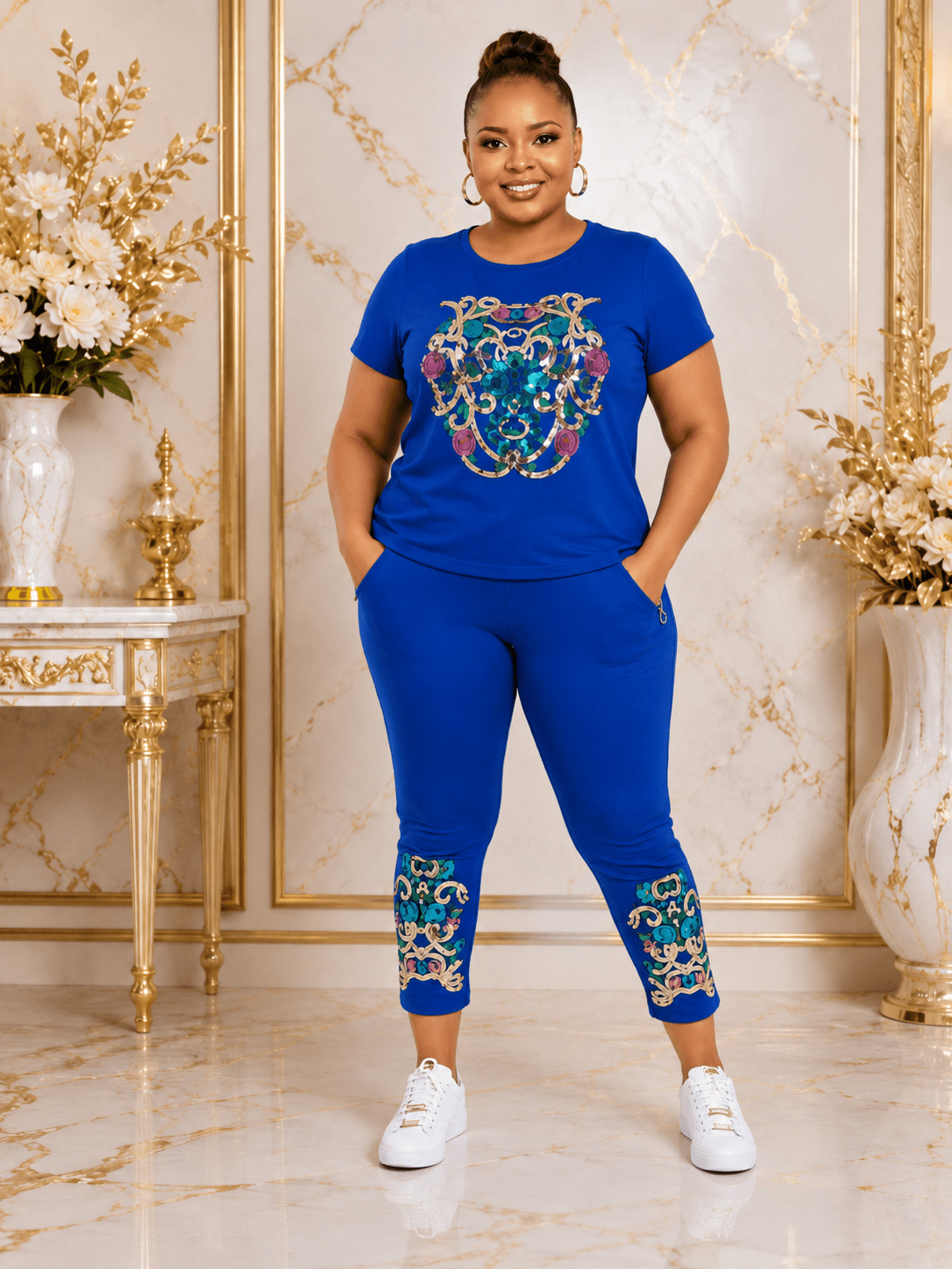 Women's Luxury Three-Piece Hooded Tracksuit Set – Zip Hoodie, T-Shirt & Jogger Co-Ord Set (White, Royal Blue & Black) - Matching Set - Cherubim Aura