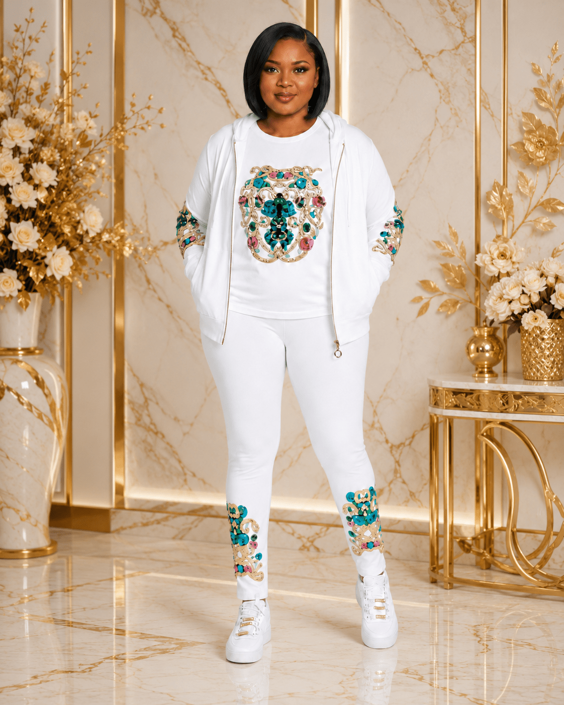 Women's Luxury Three-Piece Hooded Tracksuit Set – Zip Hoodie, T-Shirt & Jogger Co-Ord Set (White, Royal Blue & Black) - Matching Set - Cherubim Aura