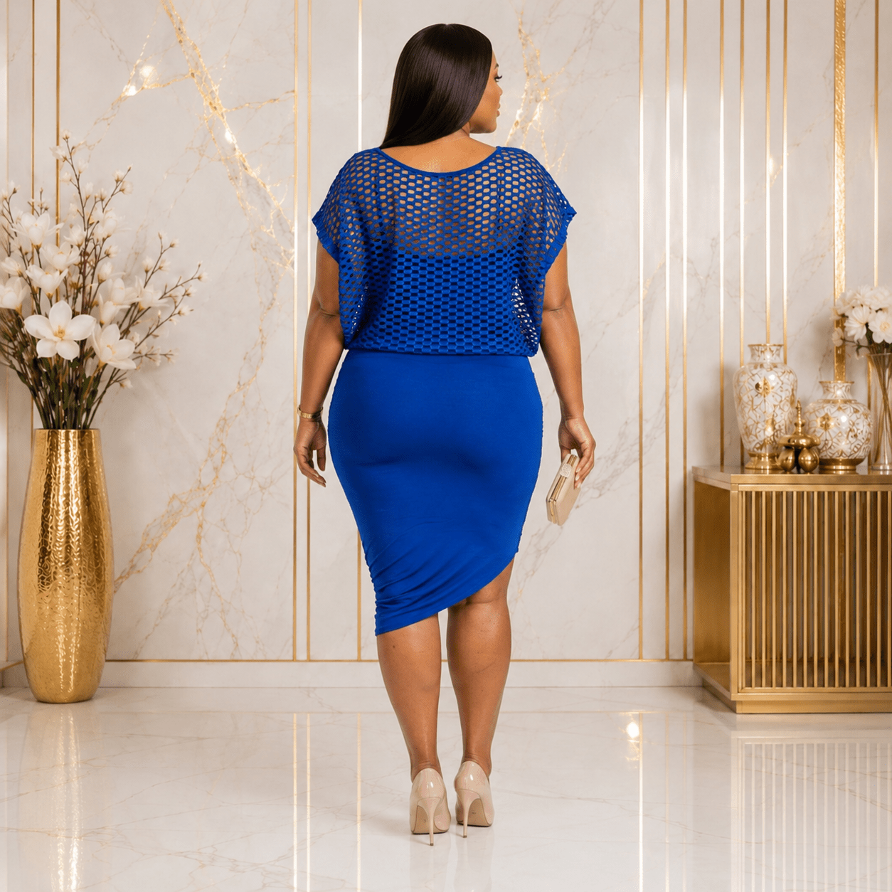 Women's Mesh Overlay Ruched Bodycon Midi Dress | Elegant Occasion, Church & Party Dress - Midi Dresses - Cherubim Aura