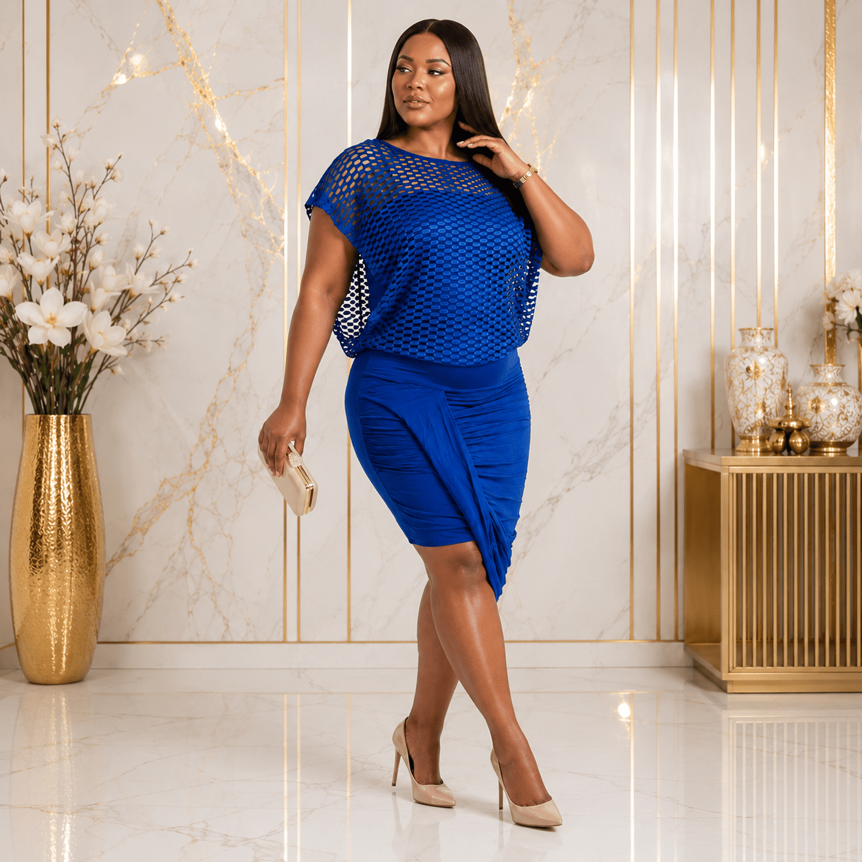 Women's Mesh Overlay Ruched Bodycon Midi Dress | Elegant Occasion, Church & Party Dress - Midi Dresses - Cherubim Aura