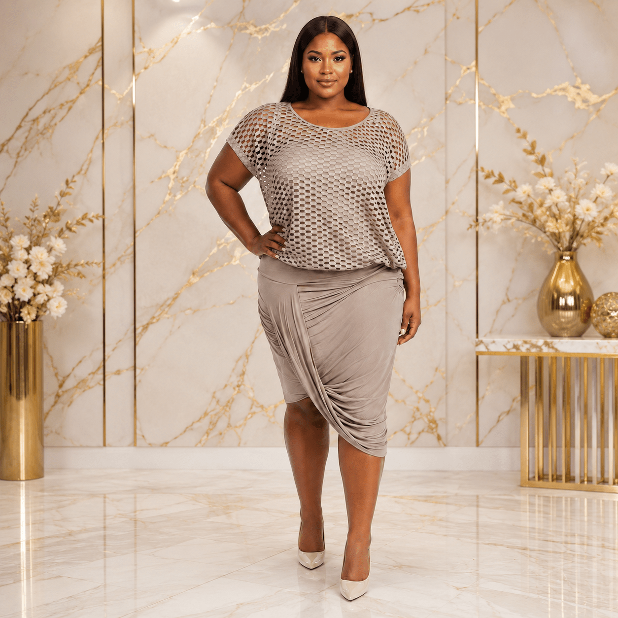 Women's Mesh Overlay Ruched Bodycon Midi Dress | Elegant Occasion, Church & Party Dress - Midi Dresses - Cherubim Aura