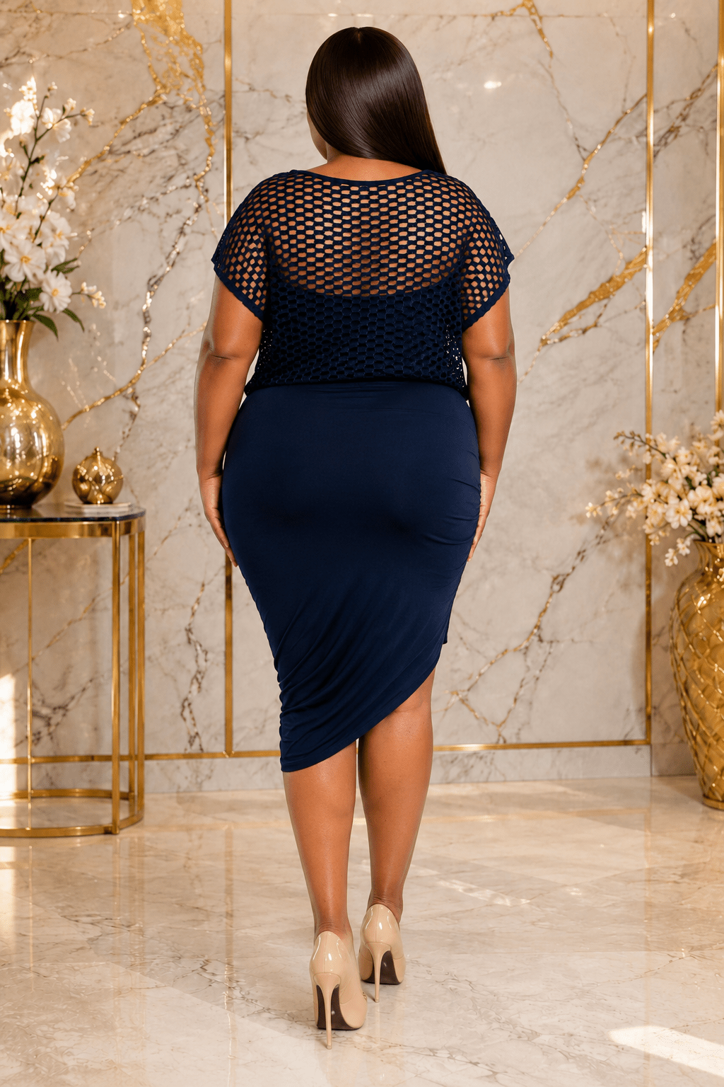 Women's Mesh Overlay Ruched Bodycon Midi Dress | Elegant Occasion, Church & Party Dress - Midi Dresses - Cherubim Aura