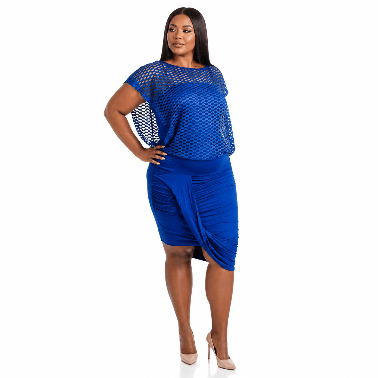 Women's Mesh Overlay Ruched Bodycon Midi Dress | Elegant Occasion, Church & Party Dress - Midi Dresses - Cherubim Aura