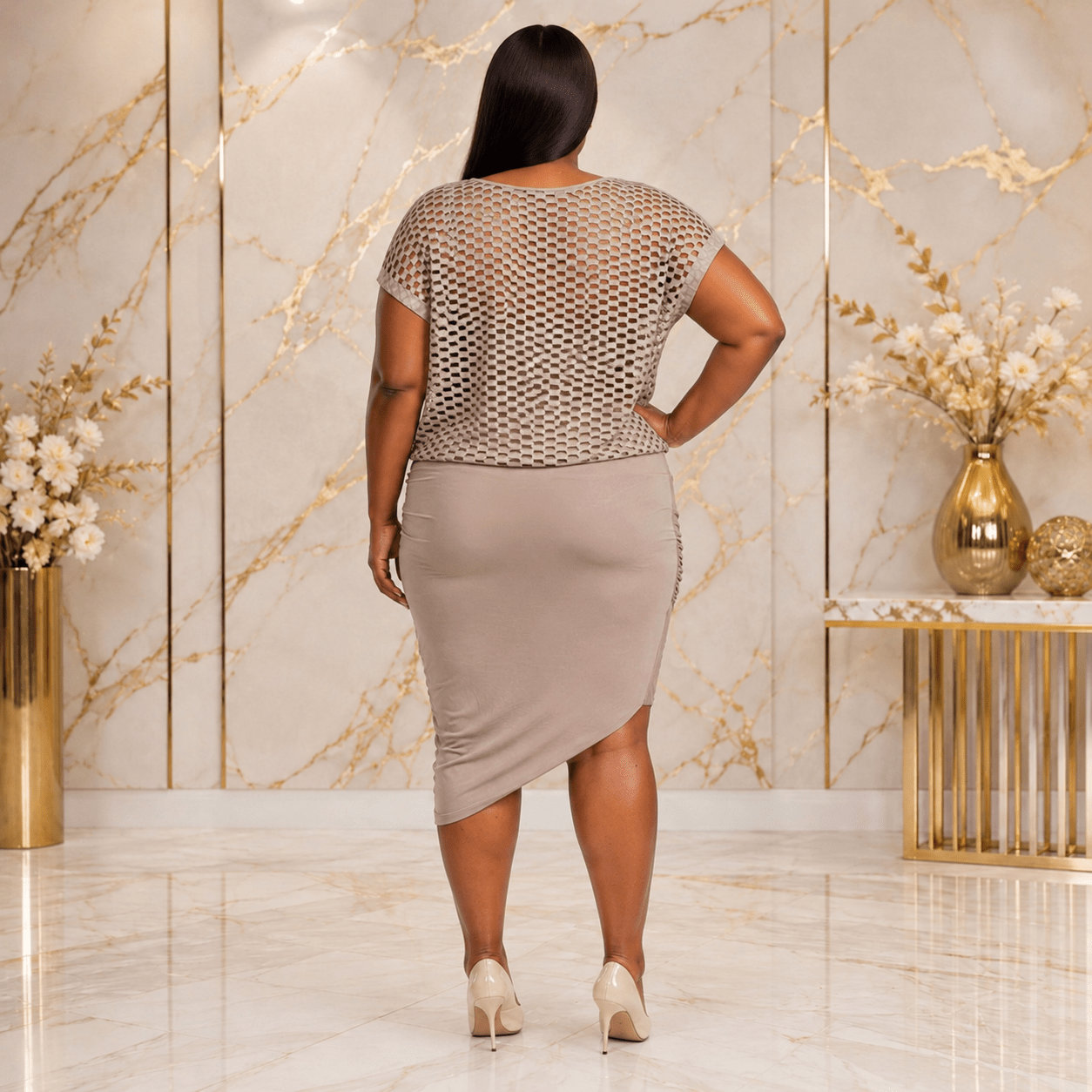 Women's Mesh Overlay Ruched Bodycon Midi Dress | Elegant Occasion, Church & Party Dress - Midi Dresses - Cherubim Aura