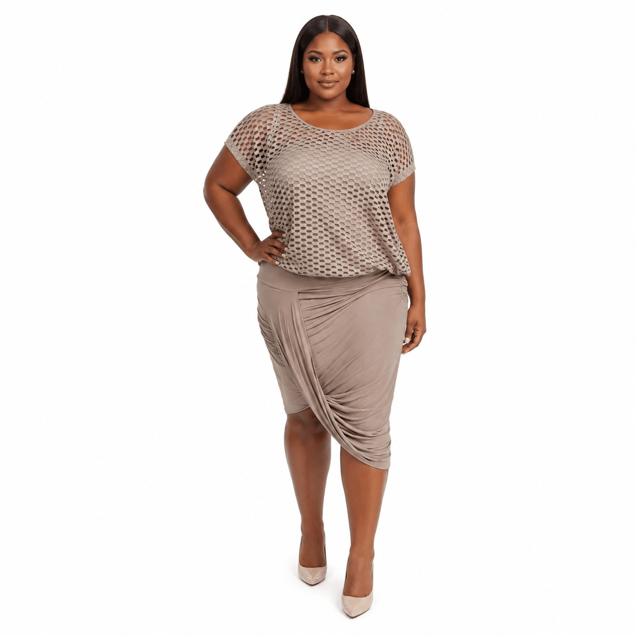 Women's Mesh Overlay Ruched Bodycon Midi Dress | Elegant Occasion, Church & Party Dress - Midi Dresses - Cherubim Aura