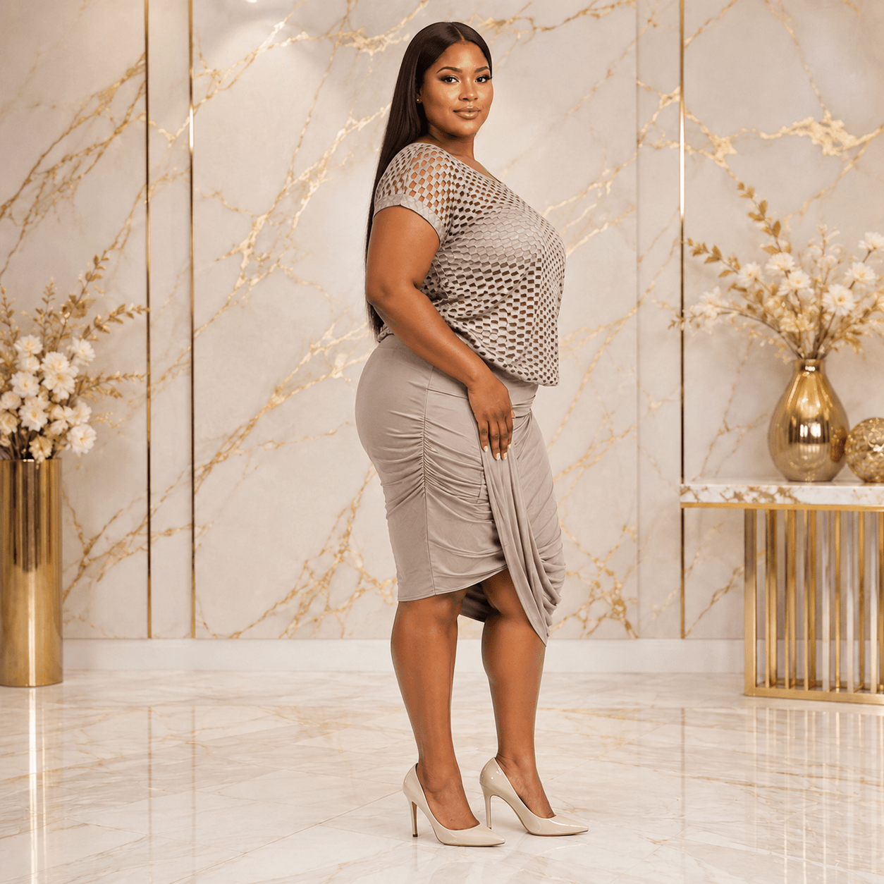 Women's Mesh Overlay Ruched Bodycon Midi Dress | Elegant Occasion, Church & Party Dress - Midi Dresses - Cherubim Aura