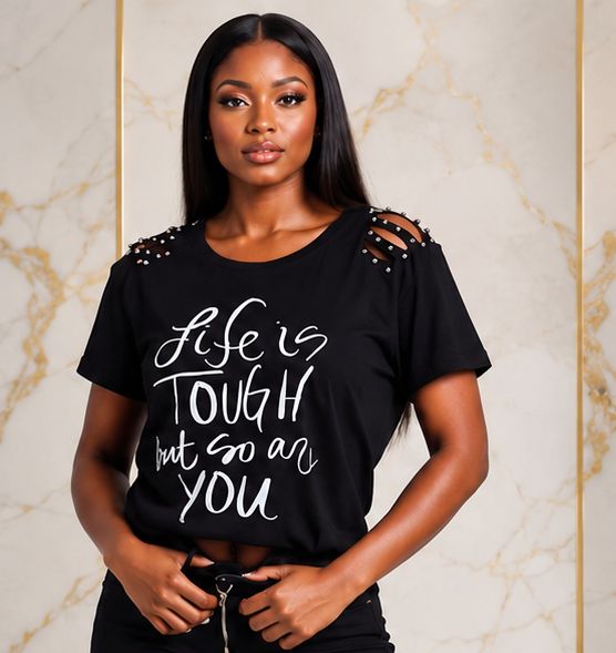 Women's Motivational Graphic Cutout T-Shirt – Studded Shoulder Short Sleeve Distressed Casual Top - T-Shirt - Cherubim Aura