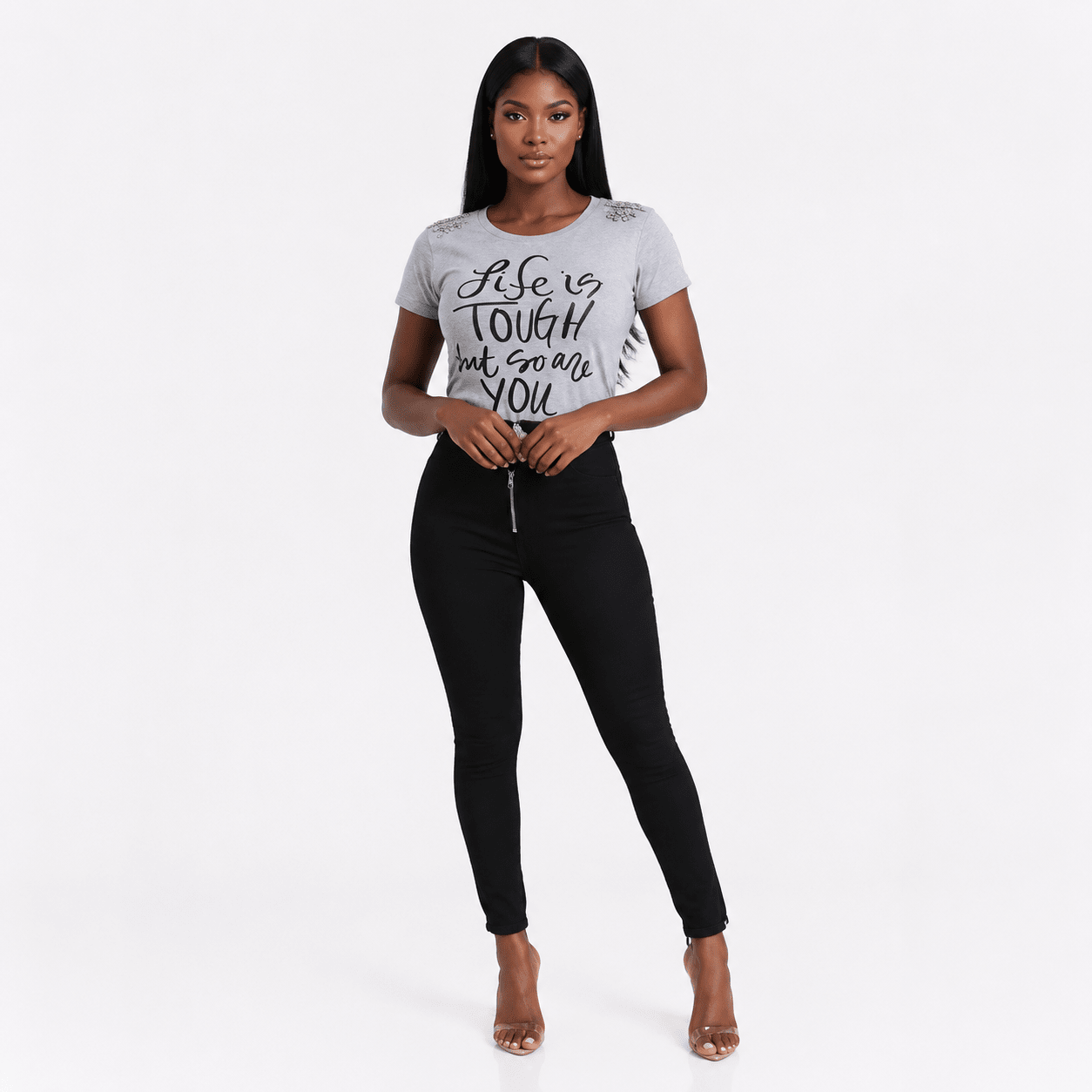 Women's Motivational Graphic Cutout T-Shirt – Studded Shoulder Short Sleeve Distressed Casual Top - T-Shirt - Cherubim Aura