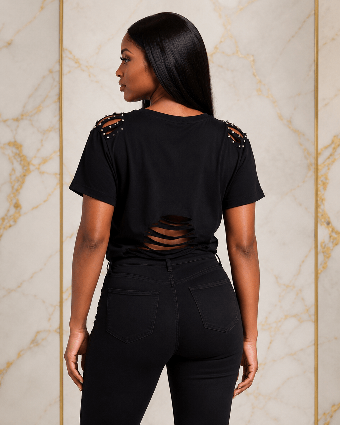 Women's Motivational Graphic Cutout T-Shirt – Studded Shoulder Short Sleeve Distressed Casual Top - T-Shirt - Cherubim Aura