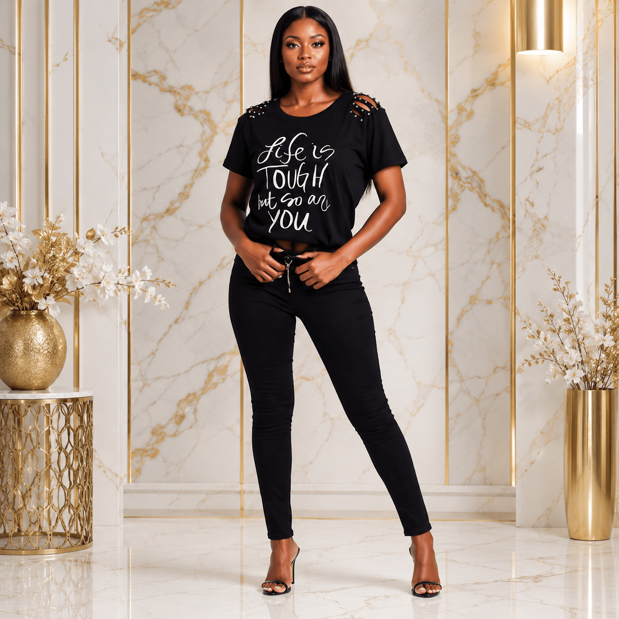 Women's Motivational Graphic Cutout T-Shirt – Studded Shoulder Short Sleeve Distressed Casual Top - T-Shirt - Cherubim Aura