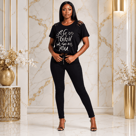 Women's Motivational Graphic Cutout T-Shirt – Studded Shoulder Short Sleeve Distressed Casual Top - T-Shirt - Cherubim Aura